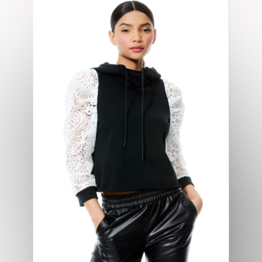 Alice + Olivia Muffy Puff Sleeve Lace Hoodie Sweatshirt Pullover Cropped Raw Hem